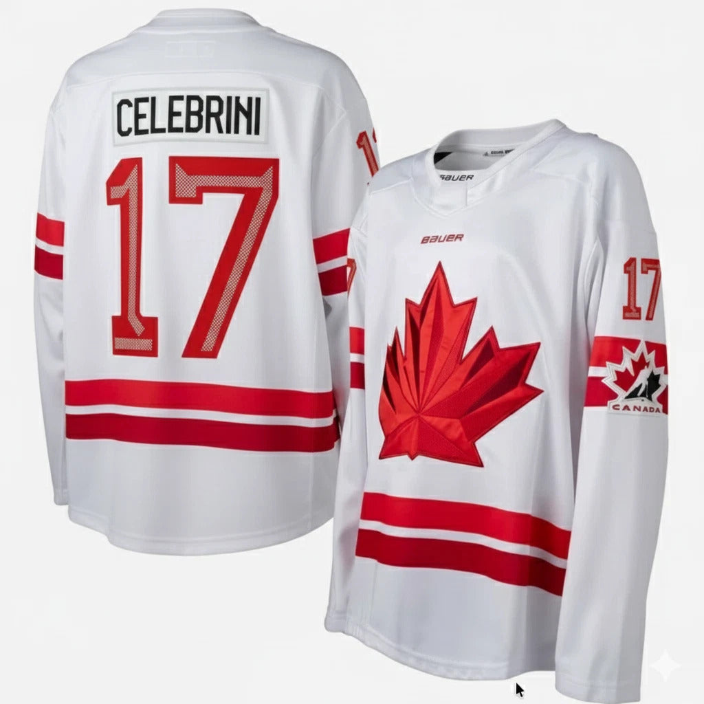 Macklin Celebrini Canada 2026 Olympic Jersey in white, showcasing the Team Canada logo